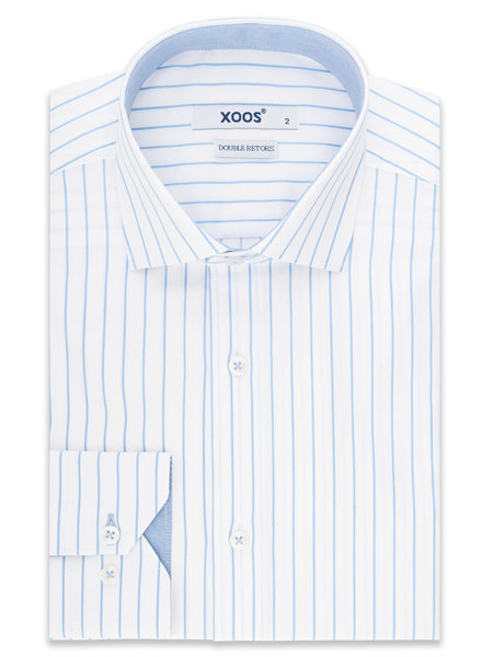 XOOS Blue fine striped and fitted dress shirt for men with blue chambray lining (Double Twisted)