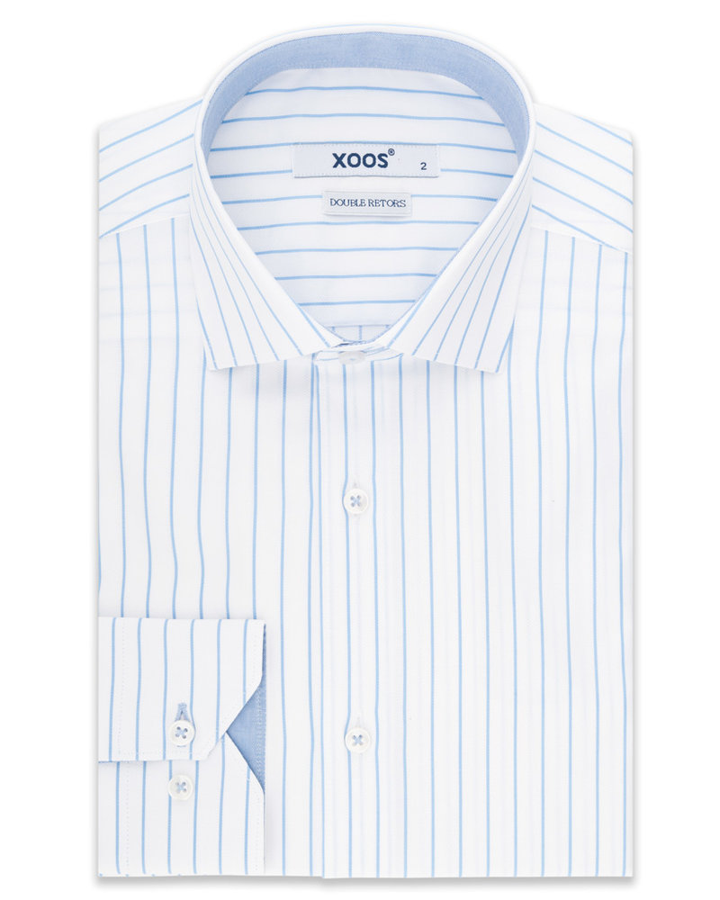 XOOS Blue fine striped and fitted dress shirt for men with blue chambray lining (Double Twisted)
