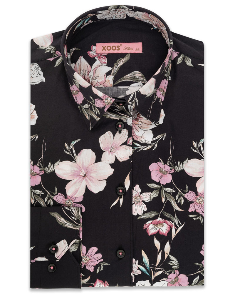 WOMEN'S black dress shirt with Hibiscus flower print - XOOS.CA