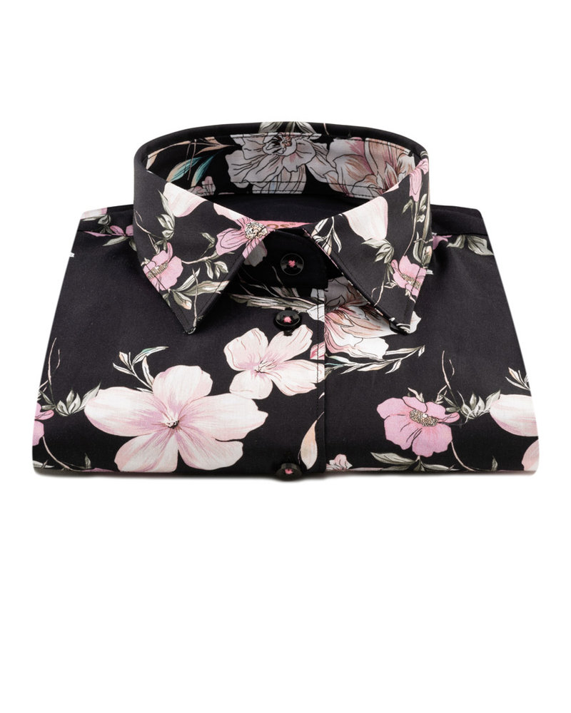 XOOS Chemisier femme noir à motif hibiscus rose