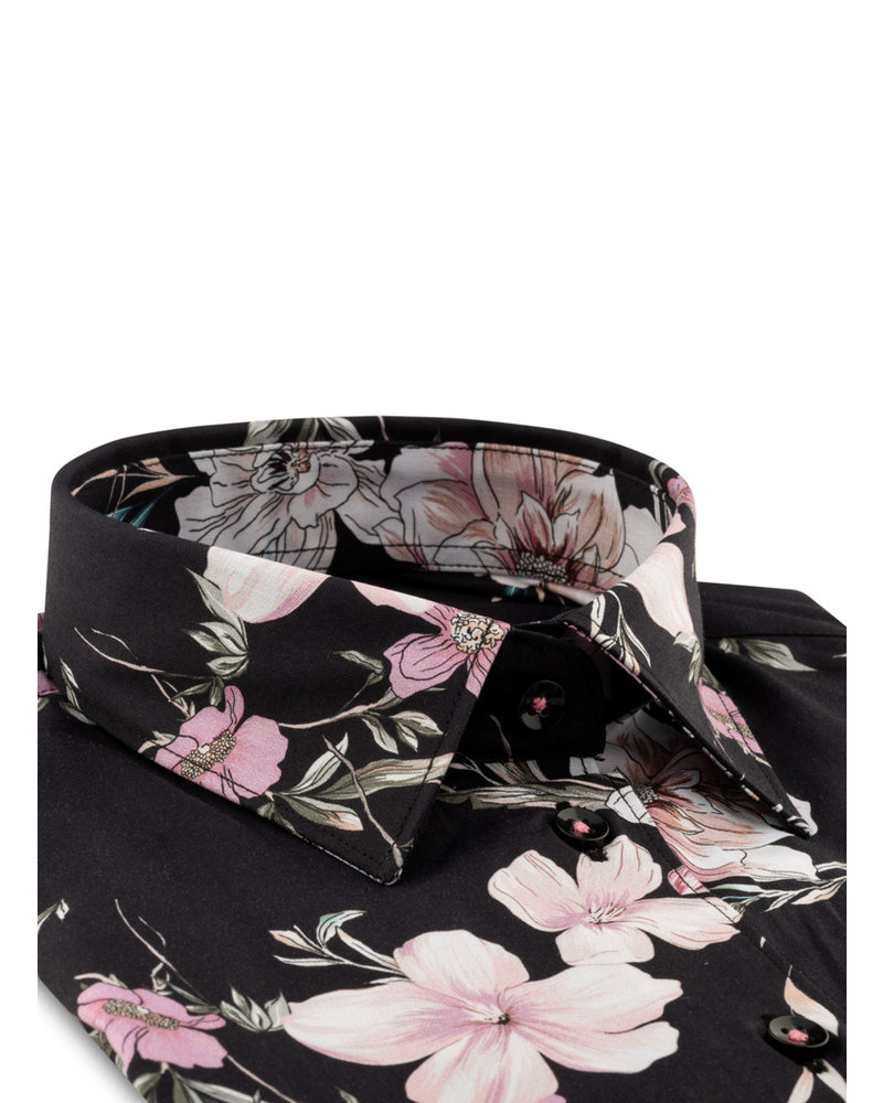 XOOS Chemisier femme noir à motif hibiscus rose