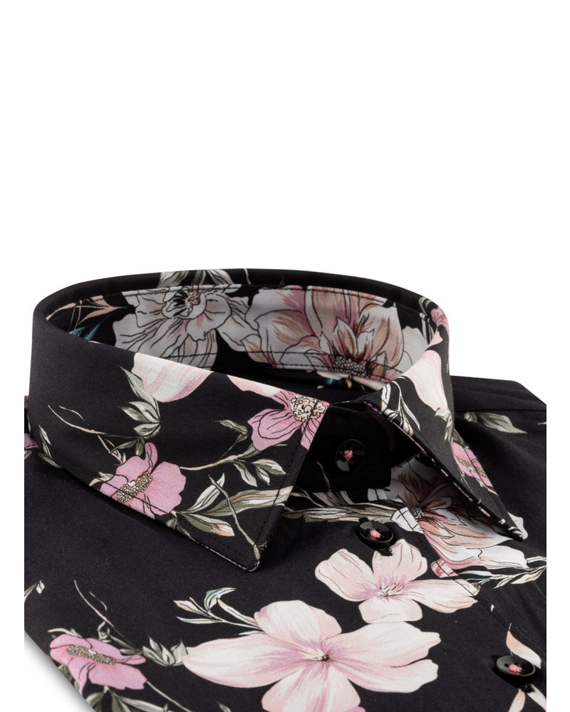 XOOS WOMEN'S black dress shirt with Hibiscus flower print