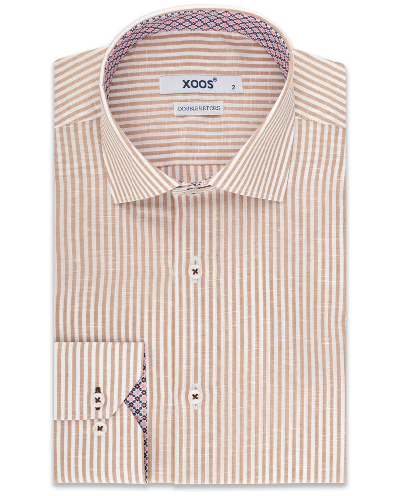 XOOS Beige striped dress shirt with floral collar lining (Double Twisted)