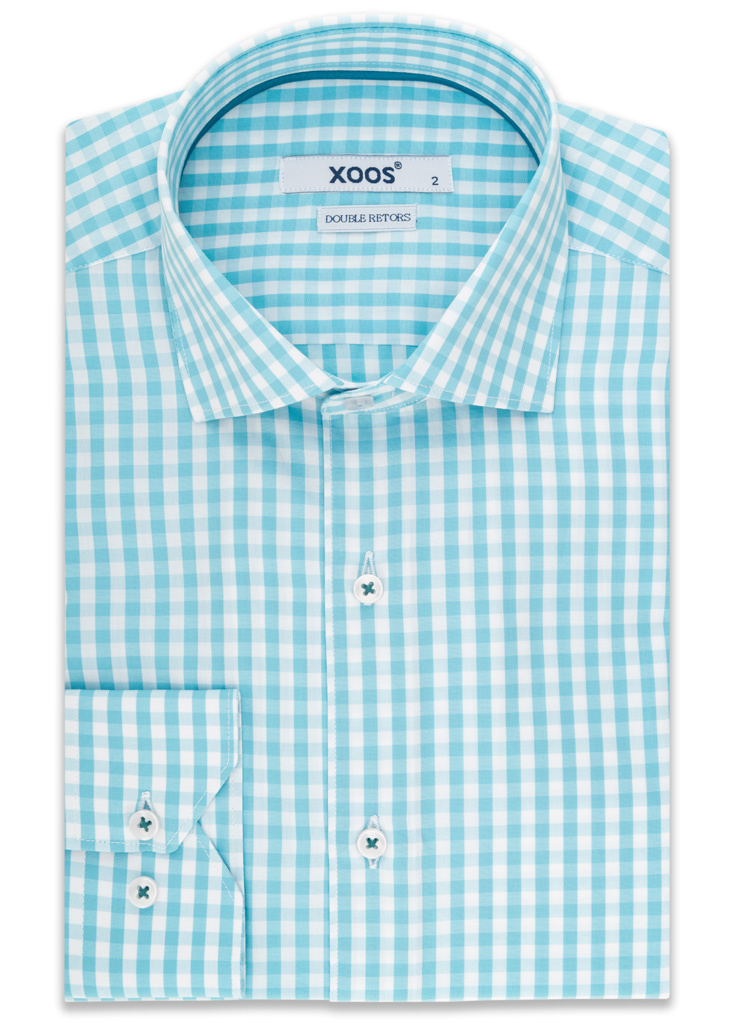Turquoise gingham checkered dress shirt with collar braid (Double Twis
