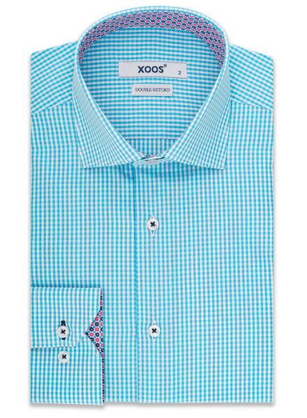 XOOS Turquoise small gingham checkered dress shirt with floral collar lining (Double Twisted)