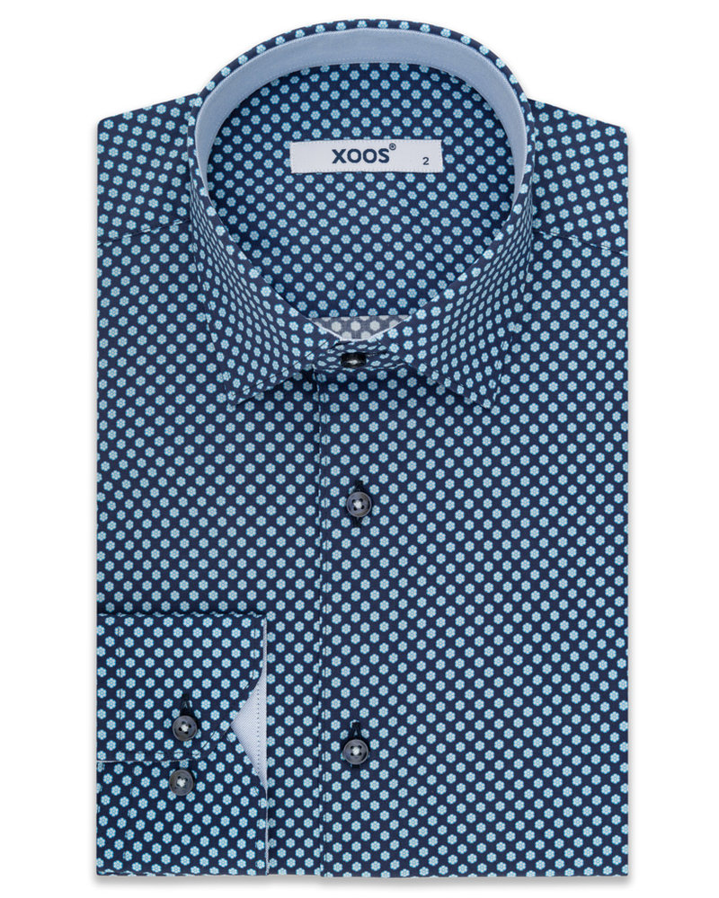 XOOS Men's navy shirt with ligh blue floral prints and collar lining