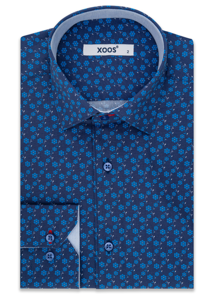 Men's navy shirt with ligh blue floral prints and light blue collar li ...