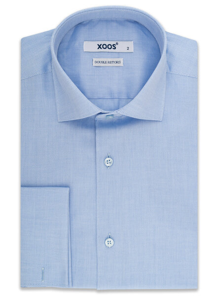 XOOS Chemise homme bleue en coton tissé et poignets mousquetaire (Double Retors)