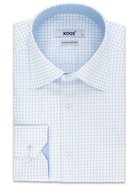 XOOS Men's light blue checks de Ville Collar fitted dress shirt (Double Twisted)