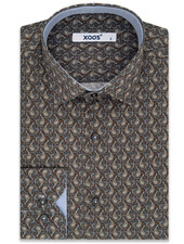 XOOS Men's brown paisley printed dress shirt with light blue lining
