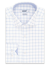 XOOS Men's white dress shirt with blue checks (Double Twisted)