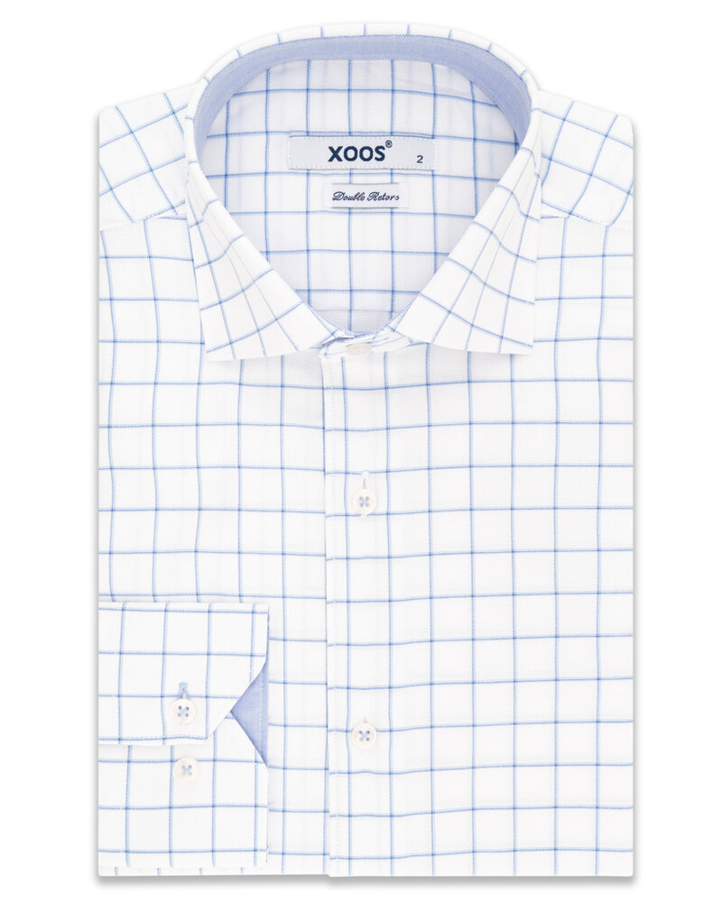 XOOS Men's white dress shirt with blue checks (Double Twisted)