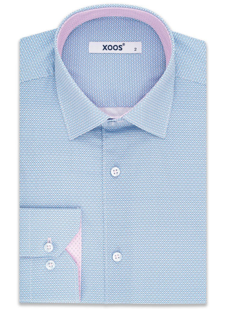 Men's sky blue woven cotton shirt with pink lining featuring