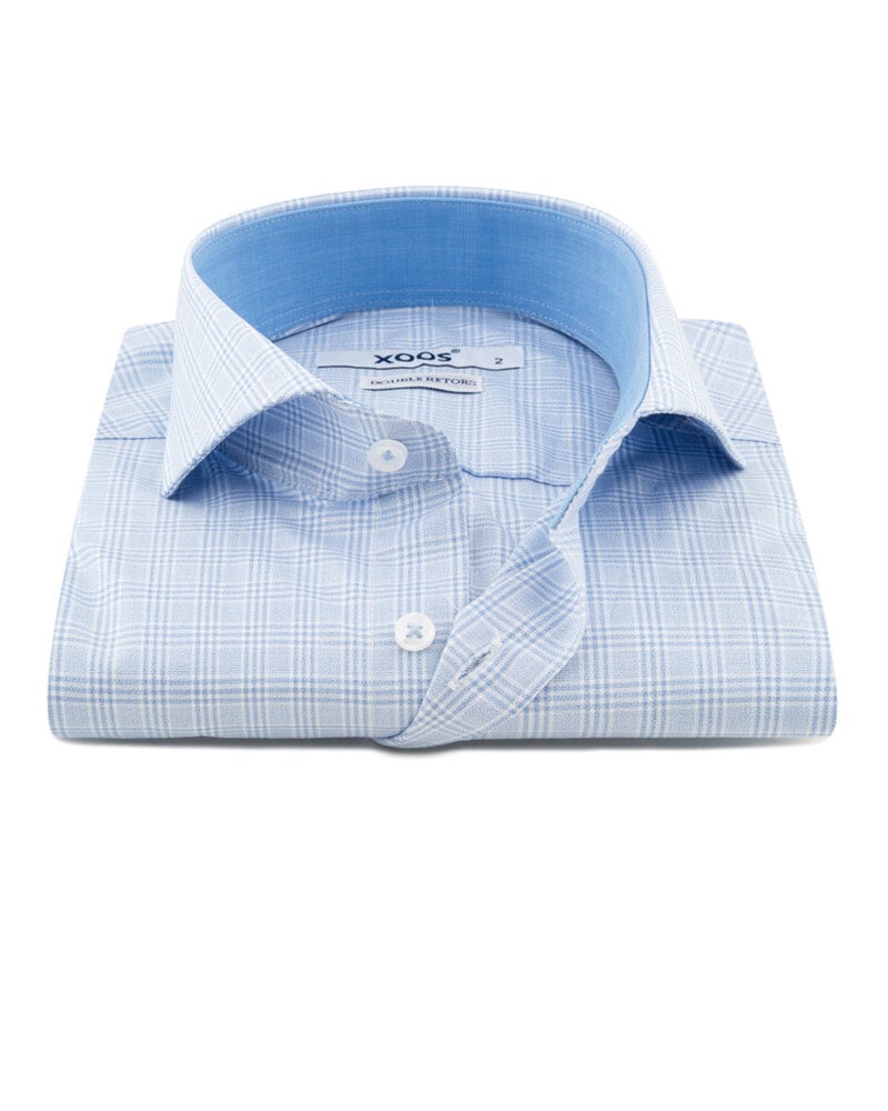 XOOS Sky blue checkered men's shirt with plain sky blue lining and Full Spread collar (Double Twisted)