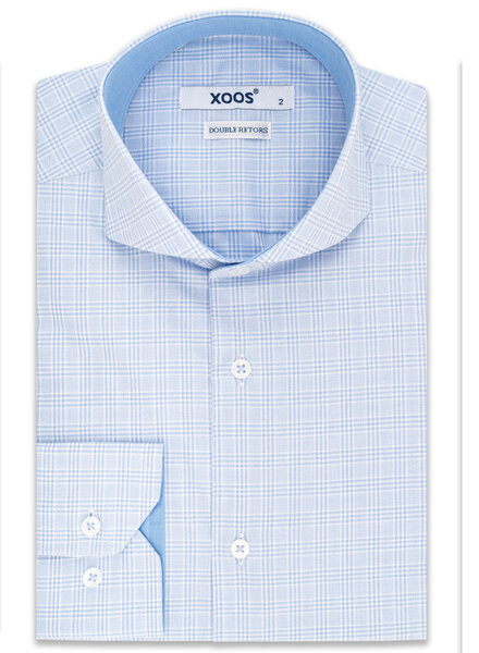 XOOS Sky blue checkered men's shirt with plain sky blue lining and Full Spread collar (Double Twisted)