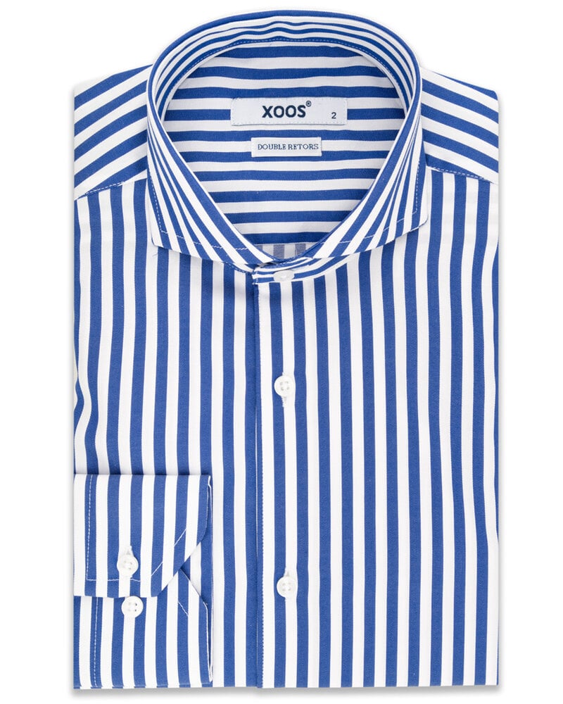 XOOS Men's blue striped shirt with Full Spread collar (Double Twisted)