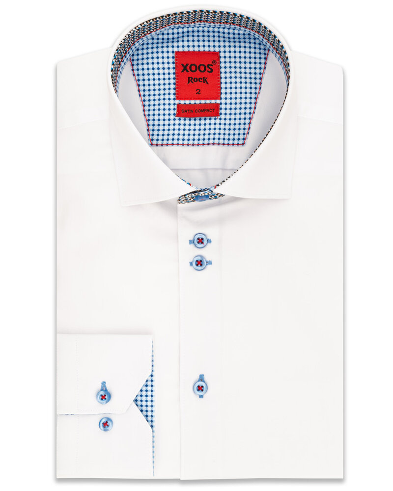 XOOS Men's white double chest buttons dress shirt Lightblue and taupe printed lining