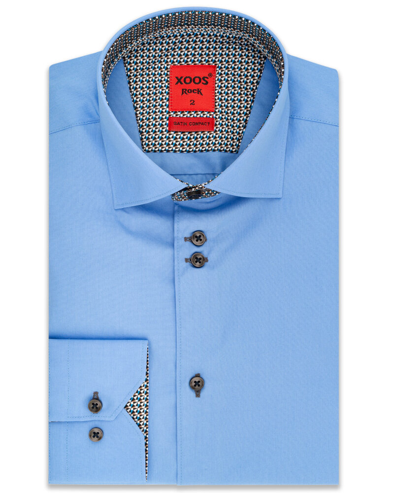 XOOS Men's blue double chest buttons dress shirt with blue and taupe printed patterned lining