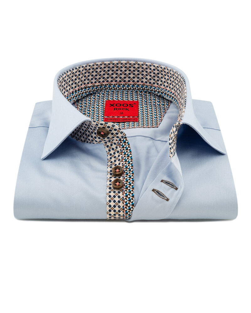 XOOS Men's diamond blue double chest buttons dress shirt with blue and taupe printed patterned lining