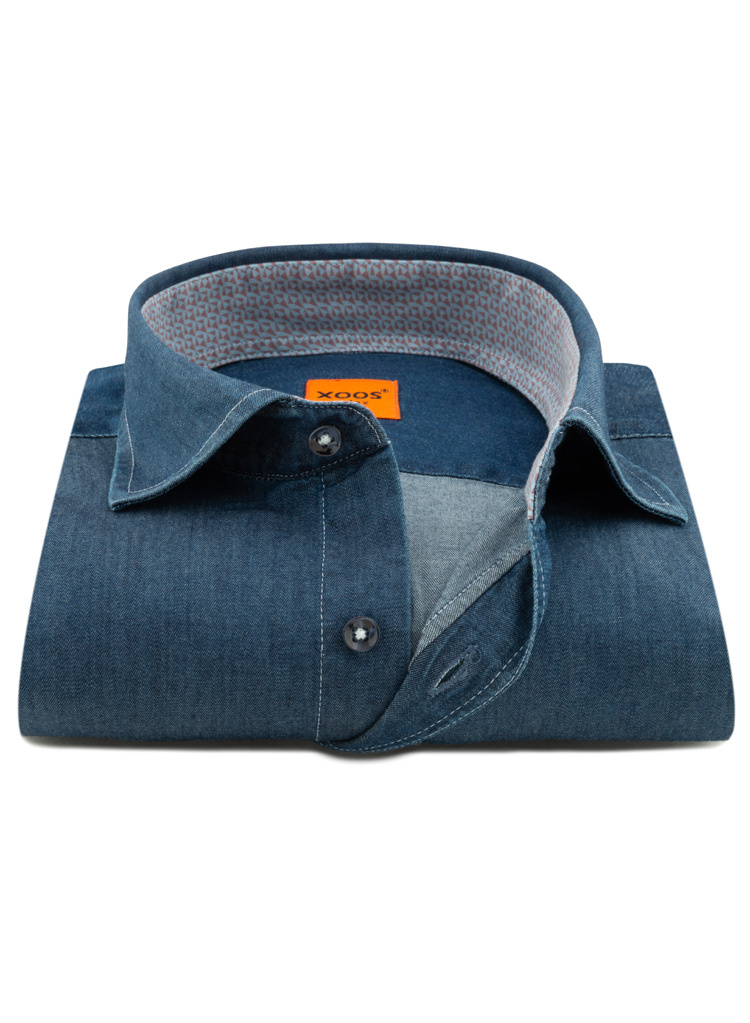 Men's Denim dress shirt beige printed lining and elbowpads XOOS.CA