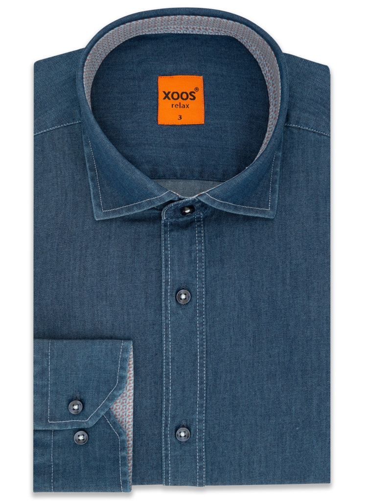 Men's Denim dress shirt beige printed lining and elbowpads XOOS.CA