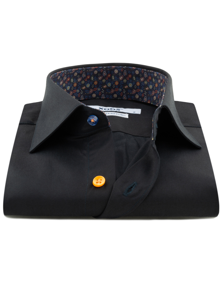 Men's black dress shirt with colorful floral lining and matching butto