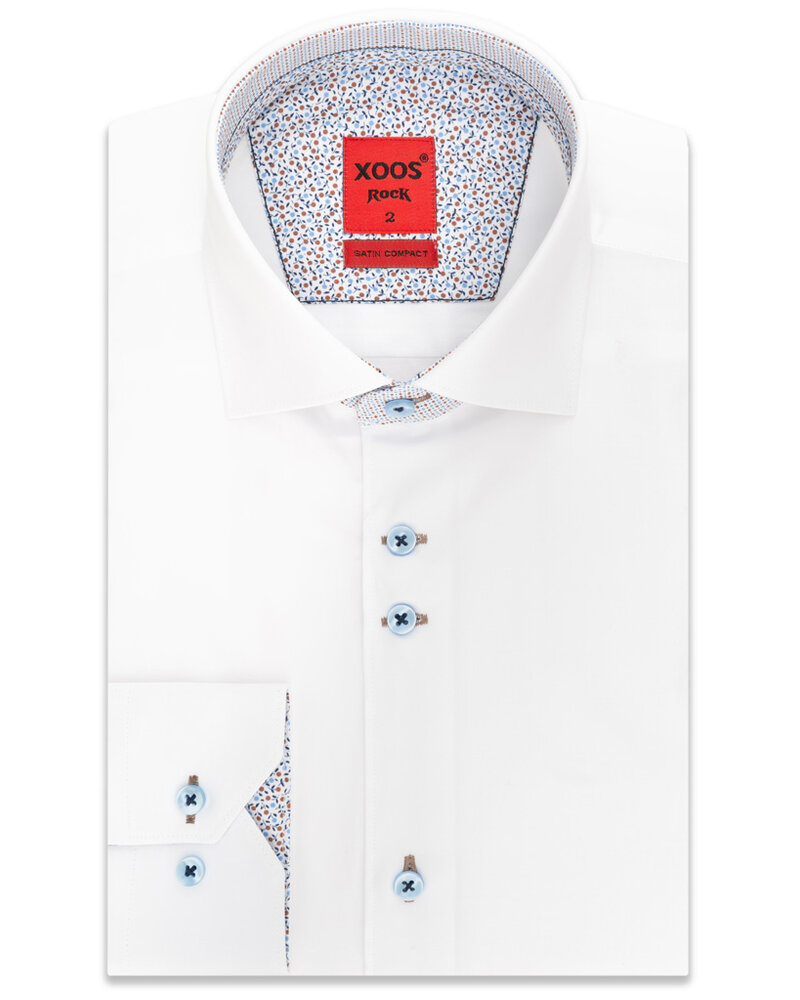 XOOS Men's White CLASSIC-FIT dress shirt brown printed patterned and Liberty lining (double chest-buttons)