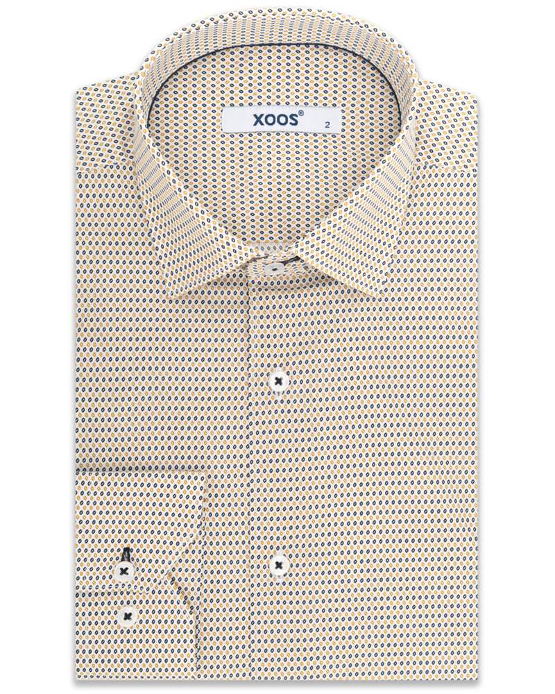 XOOS Men's shirt with yellow and navy printed motifs and navy collar braid