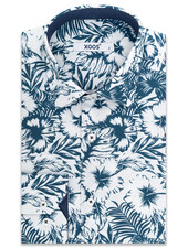 XOOS Men's hibiscus printed shirt with navy micro polka dot lining