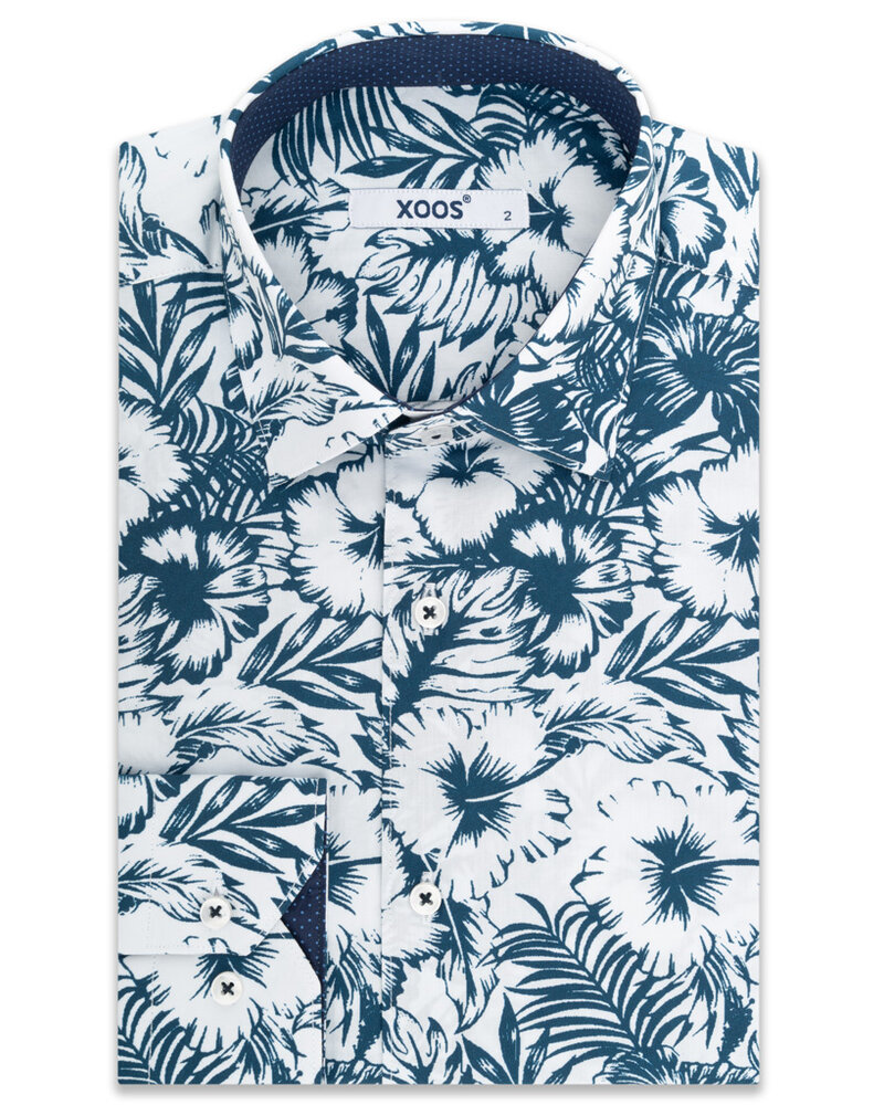 XOOS Chemise homme à imprimé Hibiscus doublure à micro pois marine