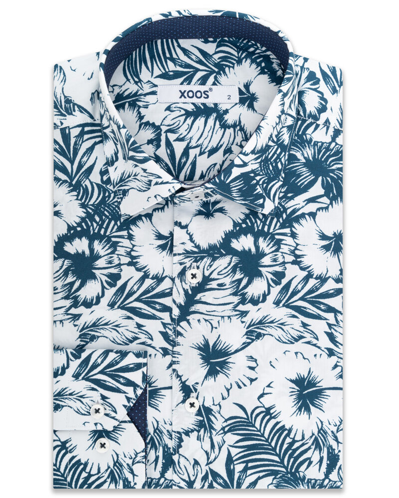 XOOS Men's hibiscus printed shirt with navy micro polka dot lining
