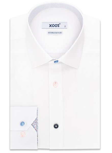XOOS Men's white shirt with pale pink floral patterned lining and colorful buttonholes (Double Retors)
