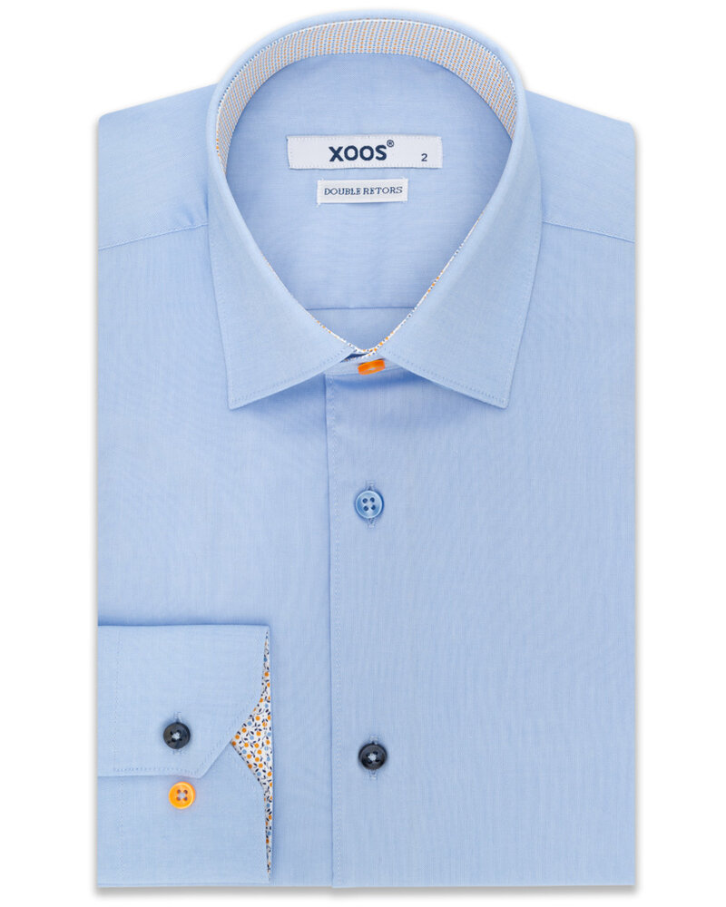 XOOS Men's sky blue shirt with orange floral patterned lining and colorful buttonholes (Double Retors)
