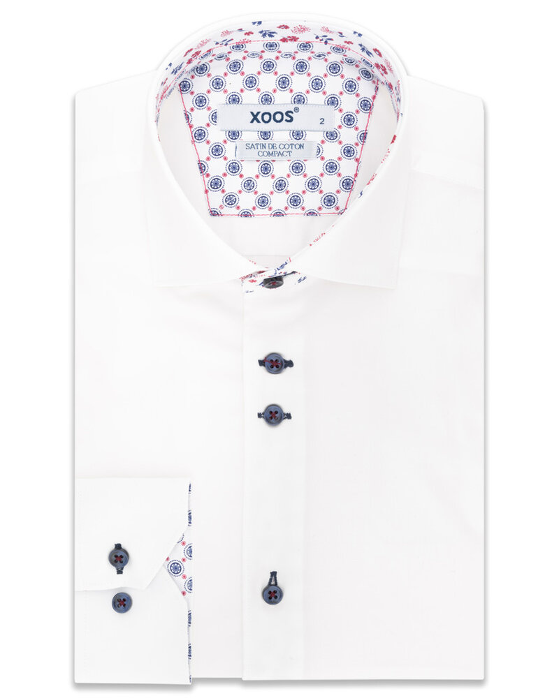XOOS Chemise homme blanche à double boutonnage doublure à motifs navy et rouge