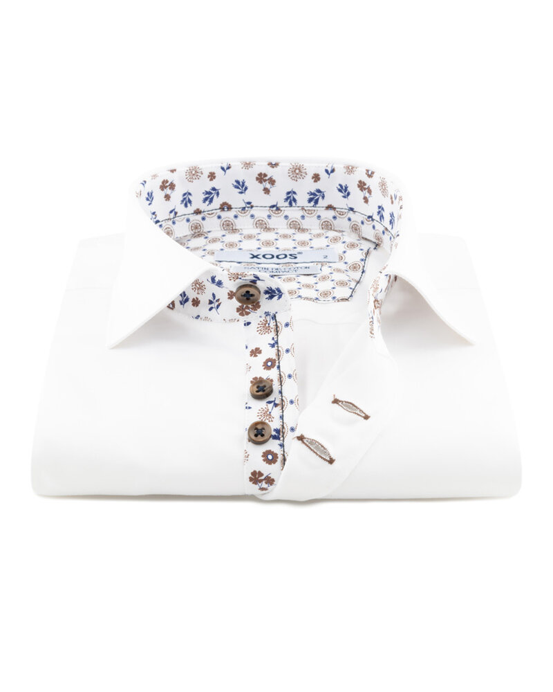 XOOS Men's white dress shirt Navy and brown printed patterned and Liberty lining (double chest-button)