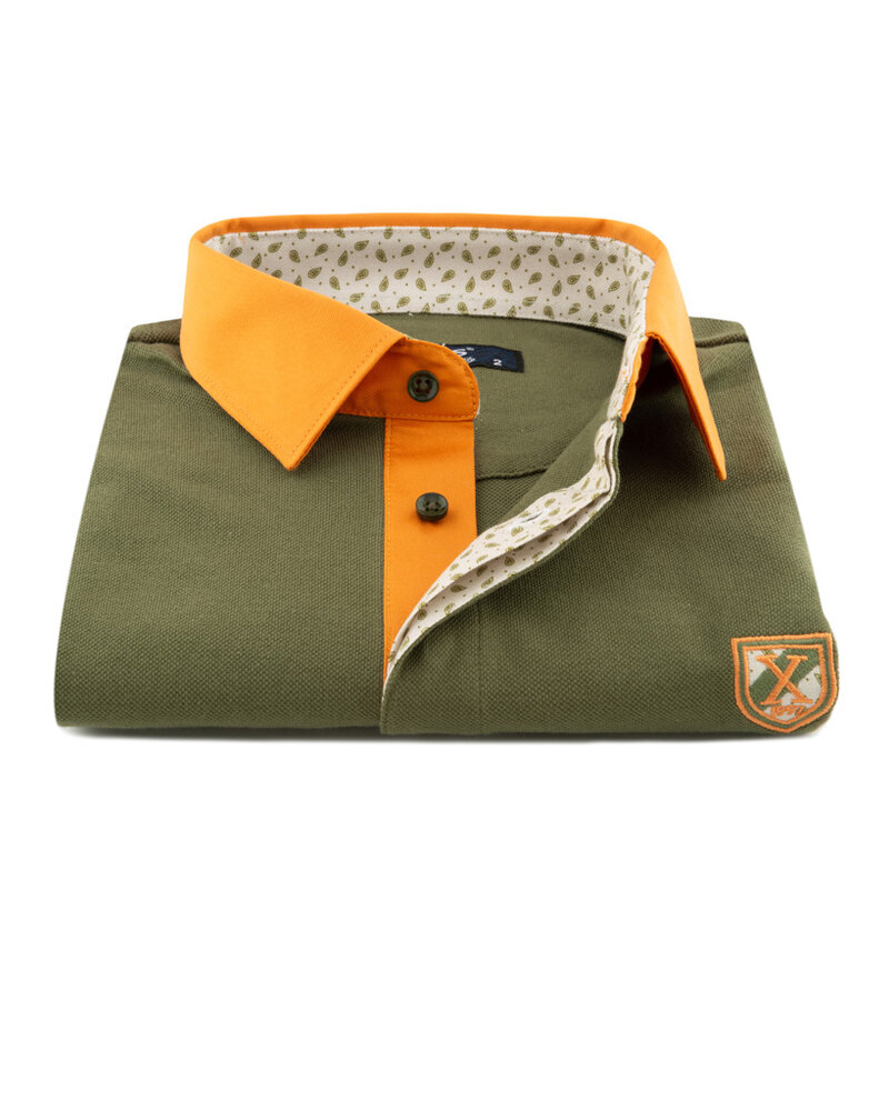 XOOS Men's XOOS Short-Sleeve Polo in Khaki Green with Orange Collar