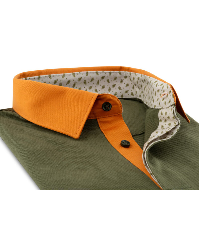 XOOS Men's XOOS Short-Sleeve Polo in Khaki Green with Orange Collar