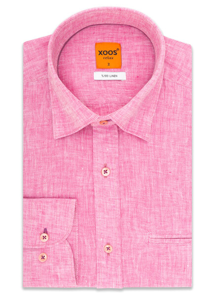 XOOS Men's fitted pink linen shirt with garnet collar braid
