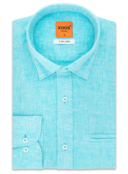 XOOS Men's fitted turquoise linen shirt with tone on tone collar braid