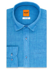 XOOS Men's fitted azure blue linen shirt navy collar braid