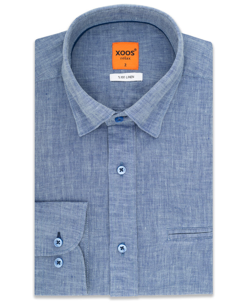 XOOS Chemise homme en lin bleu chambray galon de col marine