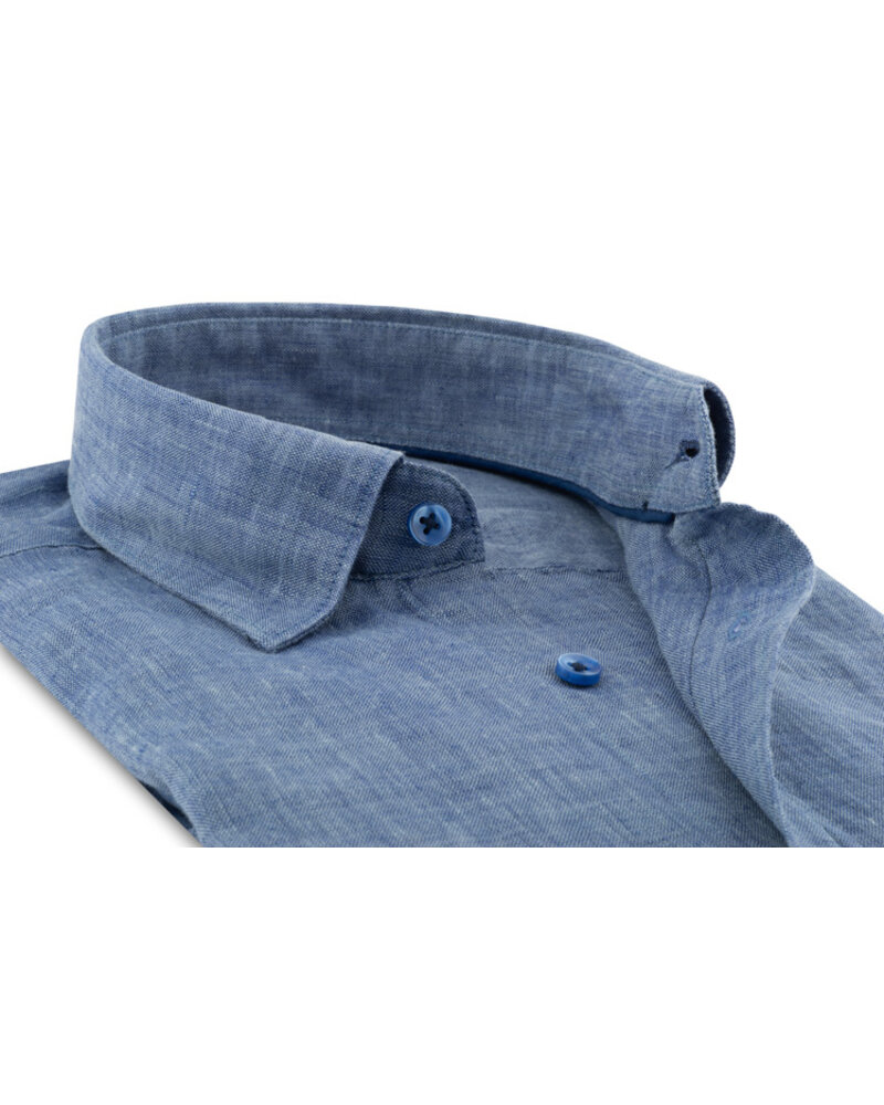 XOOS Men's chambray blue linen shirt with navy collar braid