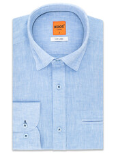 XOOS Men's fitted sky blue linen shirt navy collar braid