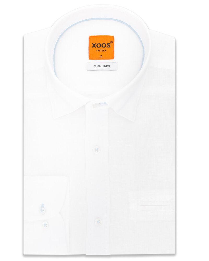 XOOS Men's fitted white linen shirt light blue collar braid