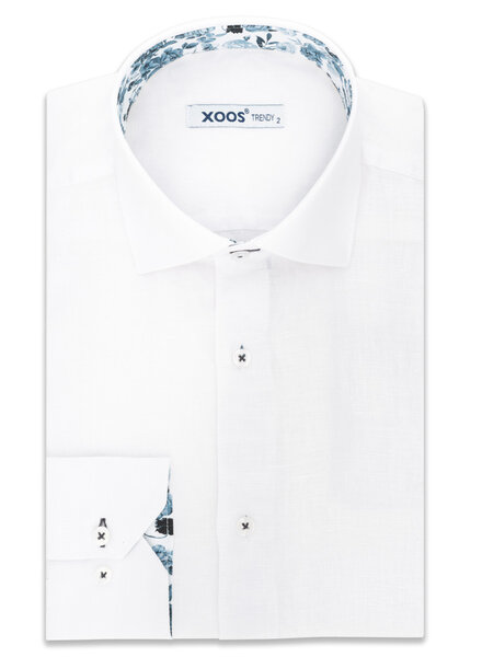 XOOS Men's white fitted linen shirt with navy floral lining