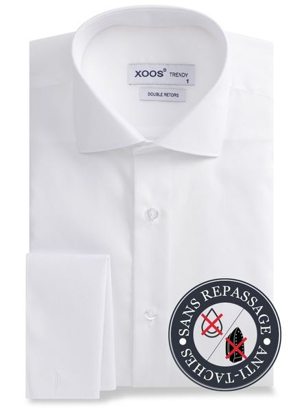 XOOS White double twisted Polin French cuffs men's dress shirt - NON IRON AND STAIN FREE (NANOCARE)