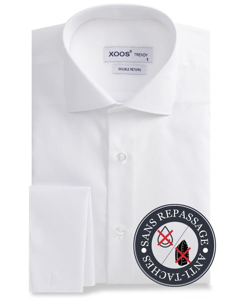 XOOS White double twisted Polin French cuffs men's dress shirt - NON IRON AND STAIN FREE (NANOCARE)