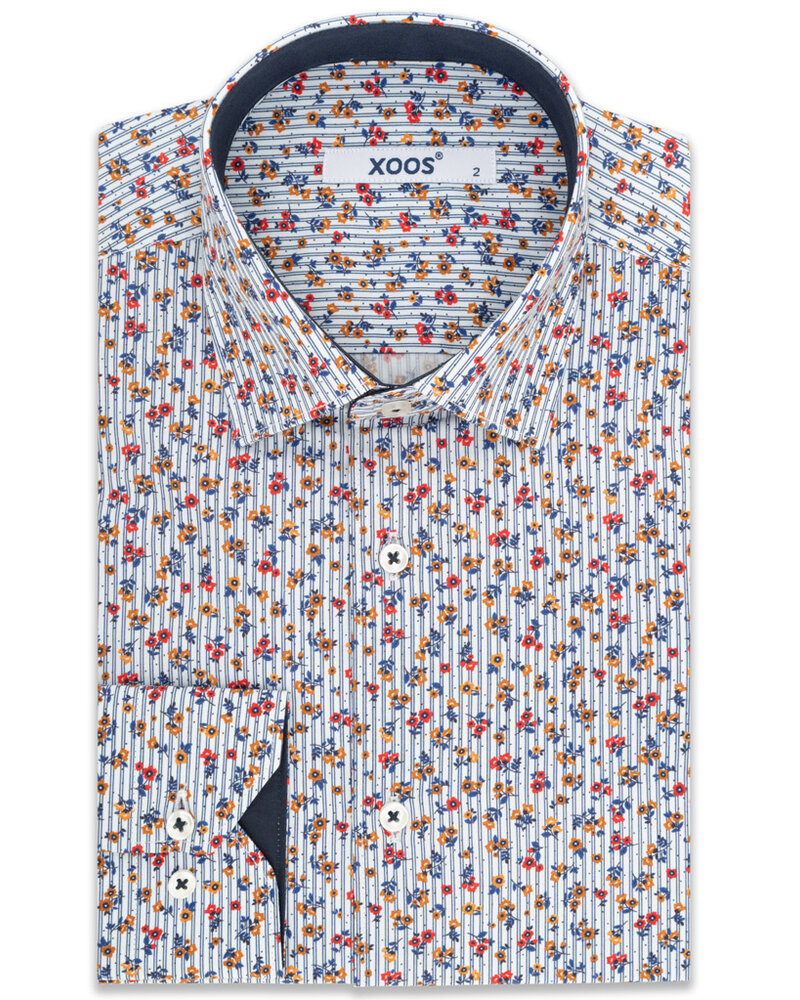 Men s shirt with stripes and yellow and red floral patterns with navy XOOS .CA