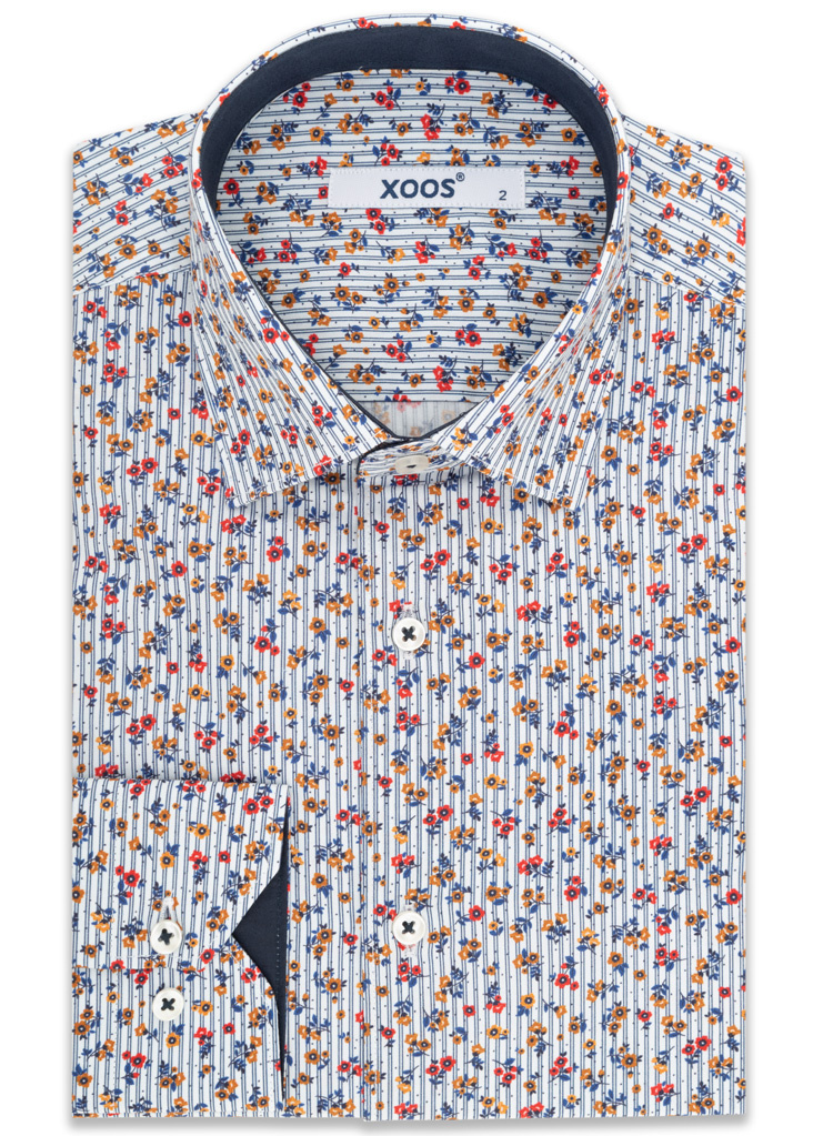 Men s shirt with stripes and yellow and red floral patterns with navy