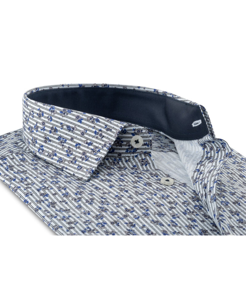 XOOS Chemise homme à rayures et motifs floral grises et bleues doublure marine